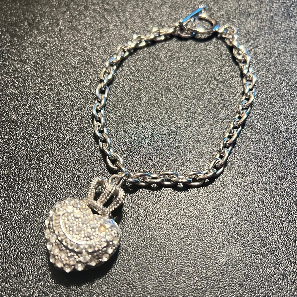 Juicy Couture silver link bracelet with rhinestone heart with crown